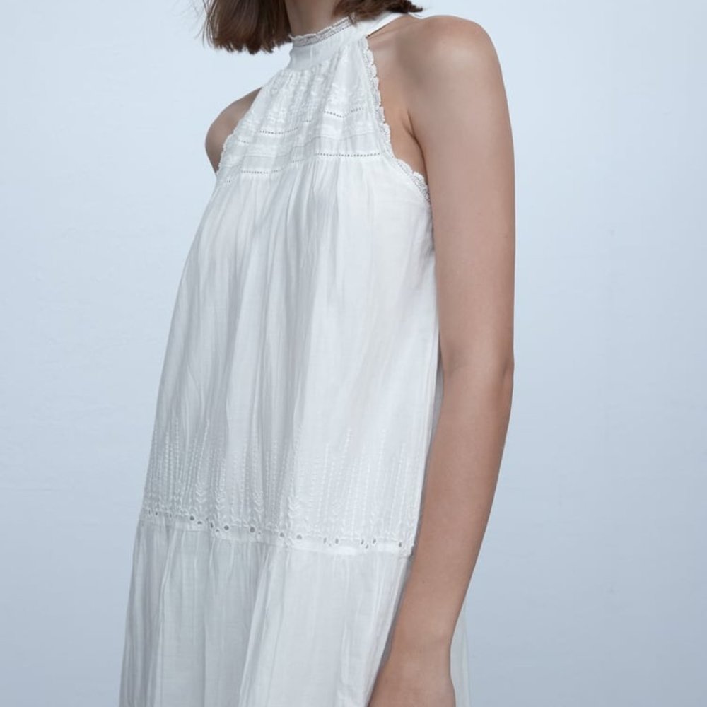 Zara White Tiered Eyelet Midi Dress with Black Harness Detail - Picture 2 of 8